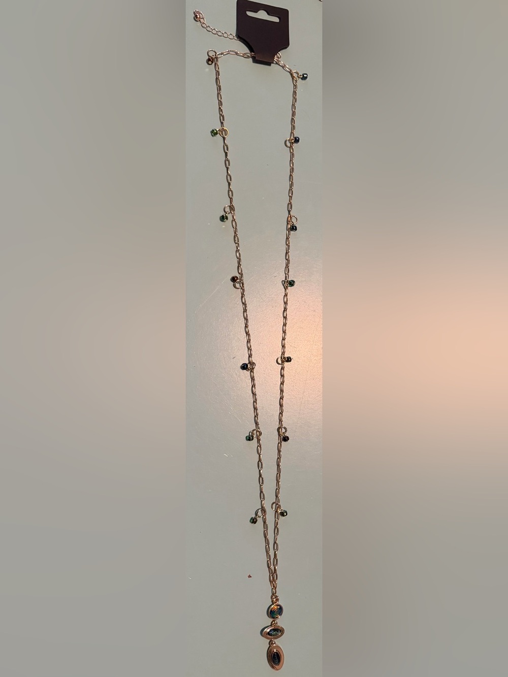 Gold-Tone Long Chain Necklace with Geometric Oil Spill Pendant & Beaded Accents